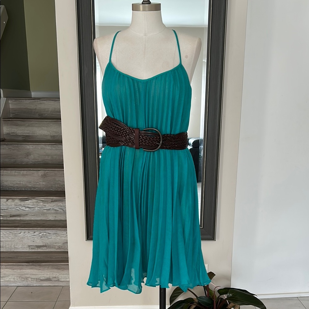 BCBG MaxAzria Teal Pleated Sleeveless Dress with Brown Belt size XXS loose fit